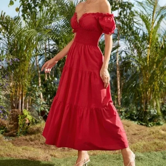 Red Boho Off Shoulder Flounce Sleeve shabby chic Shirred cottagecore Maxi Dress - Picture 5 of 5
